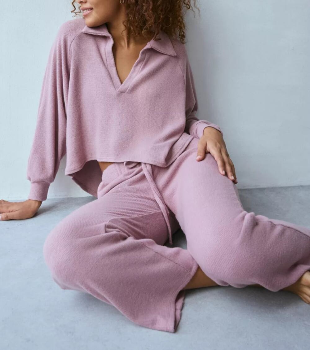 Urban Outfitters Out From Under Cosima Collared Top & Kick Flare Pant SET Mauve